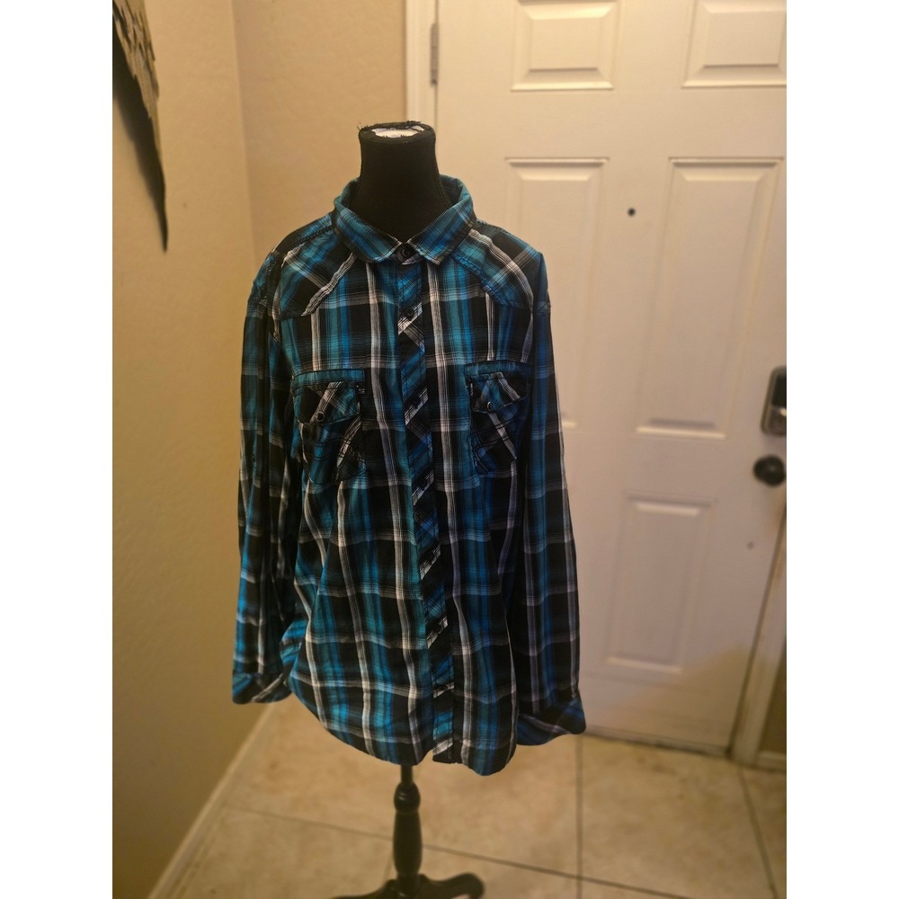 Helix Mens XXL Athletic Fit Plaid Button Down Shirt Blue Black Long Sleeve